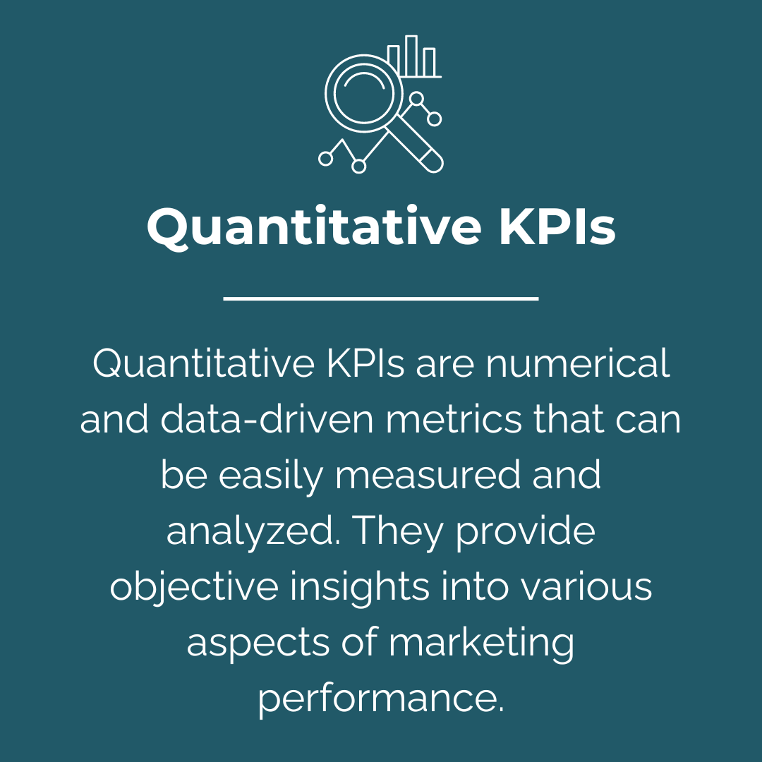 Quantitative KPIs are numerical and data-driven metrics that can be easily measured and analyzed. They provide objective insights into various aspects of marketing performance.
